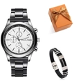 Coffret cadeau montre à quartz pour homme et bracelet tressé avec boîte cadeau orange - Cadran Blanc + Bracelet à Boucle Noire + Boîte à Nœud