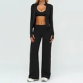 Three-piece black yoga set with sports bra, zip-up jacket and wide-leg yoga pants - S / Jacket+Bra+Wide Leg Pants—Premium Black