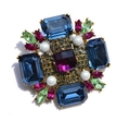 Vintage gold brooch featuring large blue rectangle gems and center purple stone detail - Large / Blue