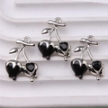 Black enamel double cherry charms with silver metal alloy base for DIY jewelry making - Style 49