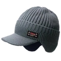 Winter thermal knit beanie hat with earflaps and brim for windproof cold protection - Thick Double Layer (Non-Fleece) Knitted Earflap Hat - Gray