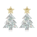 Festive laser Christmas tree earrings with golden stars and holographic finish - Silver Christmas Tree Studs