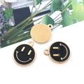 Three round gold charms with black enamel smiley faces and textured back surface - Small 12x14mm / Black