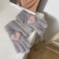 Grey knit winter gloves with pink heart pattern and touchscreen fingertips for women - Gray