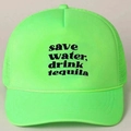 Detailed view of neon green trucker hat with Save Water Drink Tequila screen print - Fluorescent Green