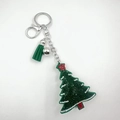 Christmas tree keychain with green rhinestones and red star on a silver metal chain - Christmas Tree Snowy Small