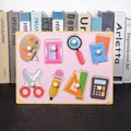 Educational wooden peg puzzle featuring eight colorful stationery themed pieces for kids - A017 Stationery Recognition