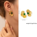 Golden flower earrings with pleated texture and center green gemstone for women - Zjge0549