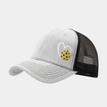 Detail shot of the breathable mesh back and embroidered pickleball heart on a sports cap - Light Grey With Black Mesh