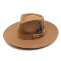 Chapeau fedora classique en laine marron à bord large, ruban assorti et décoration de plume - M(56-58cm) / Kaki