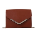 Brown minimalist crossbody envelope bag with silver V-shaped metal trim and chain strap - Brown