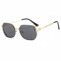 Retro geometric sunglasses with dark grey lenses and fine gold metal frames on white background - Gold Frame Black Grey