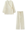Women's beige quilted two-piece loungewear set featuring tie-front jacket and pants - XS / White Zirconia Set