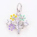 Pendentif arbre en argent avec marguerites en émail coloré et pierres de zircone cubique - Style G / Or blanc
