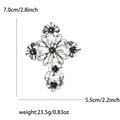 Spilla a croce vintage con perline nere e strass, dimensioni 7,0x5,5 cm - Argento