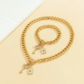 Golden chunky chain jewelry set with rhinestone key and lock pendants necklace and bracelet - Gold Necklace and Bracelet Set (2-Piece Set)