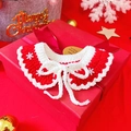 Detail of red and white crocheted pet Christmas collar with snowflake sequins and bow - S / Christmas Snowflake Red Cape