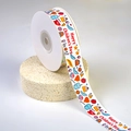 White polyester ribbon with Happy Children's Day print and colorful cartoon icons - Happy Food / Width 2.0cm / 25 Yards