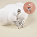 Silver stainless steel butterfly navel ring with sparkling cubic zirconia pavé setting - 1.6*10mm / Full Zirconia Pave Butterfly (I)