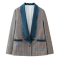 Damen Blazer mit Hahnentrittmuster, Samtrevers und praktischem Einknopfverschluss - S / Blaues Halsband-Karo