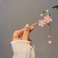 Elegant pink flower hair pin with golden stem and long silver metallic tassels - F0510 Pink Peach Blossom