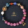 Natural stone Libra zodiac bracelet with colorful beads and gold Libra charm on black - Libra-B