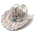 Detail of western cowboy hat with flying bird pattern and colorful beaded band - Flat Top Beige