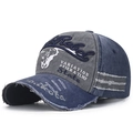 Navy and grey distressed denim baseball cap featuring Rock Rebel 3D embroidery detail - Grey Front Navy Body