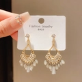 Close-up of vintage gold tassel earrings with s925 silver needles and sparkling crystals - Gold White Tassel Style (25#)
