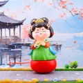 Traditional Chinese girl figurine in green dress holding a golden Ruyi on red base - Tang Dynasty Maiden with Ruyi Large