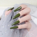 Glossy olive green long coffin press-on nails shown on hand with elegant star pattern mesh - Olive Green (CBLL-25)