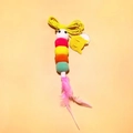 Hanging cat toy with colorful plush balls, yellow string, small bell and pink feathers - Pink Feather Caterpillar