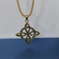 Detailed close-up of a vintage golden Celtic knot shield pendant on a box chain - Gold + Box Chain