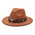 Detail of a brown felt fedora featuring a metallic bull head ornament on a leather band - M (56-58cm) / Khaki