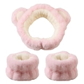 Pink plush strawberry bear spa headband and wristband set for washing face - Light Pink - 3-piece Set (the Wrists Have 3 Hand-stitched Seams)
