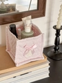 Pink checkered quilted storage basket with silk bow and lace applique for desk decor - Lace Sweetheart Square Storage (Pink Grid)