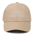 Close-up of white MOM embroidery on khaki cotton twill baseball cap with curved brim - Adjustable / Khaki MOM