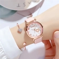 Pink leather strap women's watch with rose gold case and heart pattern dial - With Heart Bracelet / Pink