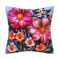 Light blue floral cushion cover with 3D embroidery texture and pink orange flowers - 18x18 Inch