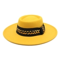 Close-up of bright yellow wool fedora featuring a chic gold chain and black ribbon band - 57-59cm / Yellow