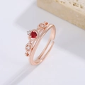 Rose gold adjustable crown ring with red heart zircon and white diamond accents - Rose Gold Crown Red Heart Ring (X776) / Red