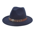 Navy blue wool fedora hat with brown leather rivet band and vintage metal emblem - M(56-58cm) / Navy Blue