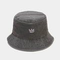 Washed black vintage cotton bucket hat featuring a white crown embroidery detail - M (56-58cm) / Gray