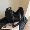 Black waterproof nylon hobo crossbody bag with wide fashion letter print shoulder strap - 38x24x14cm / Black Large