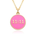 18K gold plated necklace with round pink enamel 11:11 lucky number pendant on white background - Rose Pink (B004)