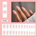 Pink almond fake nails with white daisy floral art and gold line accents, 24 piece set - W1033 Gold Line Flower