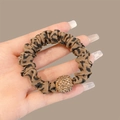 Elastic leopard print scrunchie with a gold rhinestone ball charm accessory - Leopard Print Rhinestone Scrunchie