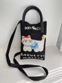 Mini black knitted phone bag with white cat pattern and woven baguette text - White Cat Pattern Black