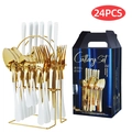 24-piece gold and white stainless steel cutlery set with golden metal display rack - 24-Piece Set / Platinum