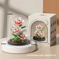 Rose flower building blocks in glass dome with red and white petals on a black base - M3119 Hibiscus / 128pcs/Base+Dust Cover Model